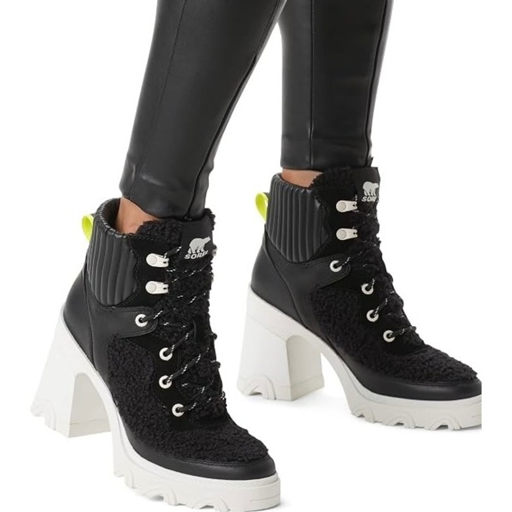 SOREL Boots Z10909 Brex Leather Faux Shearling Block Heel Lace Up Black Sz 9